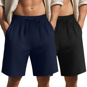 2 Pack Men's Big and Tall Cotton Linen 9" Inseam Shorts Drawstring Summer Casual Beach Bermuda with Pockets(Black, Navy Blue,Large)