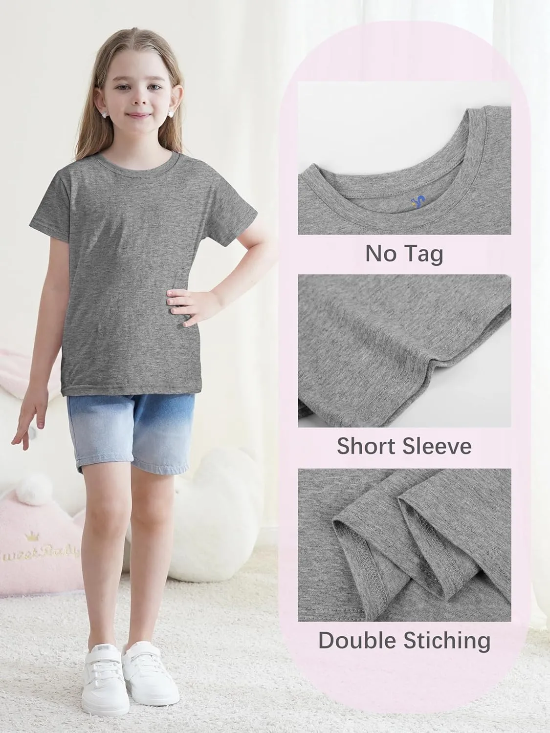 5 Pack Girls Shirts Short Sleeve Shirt for Girls Soft Cotton Tees Kids Tshirts Clothes Summer Tops T-Shirt