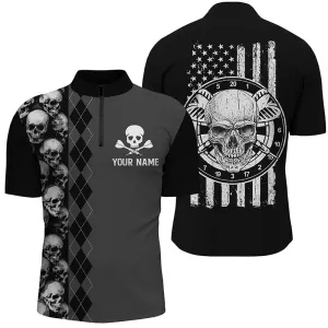 Black Grey Argyle Skull Darts Quarter-Zip Shirt American Flag Patriotic Dart Jersey For Men, Skull Shirt
