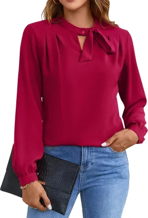 Blooming Jelly Womens Business Casual Tops Elegant Tie Neck Long Sleeve Dressy Fall Blouses 2024 Ladies Trendy Work Shirts
