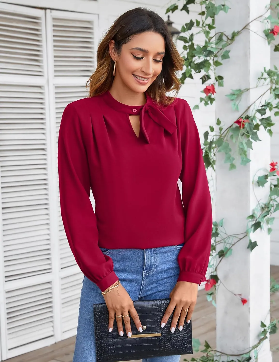 Blooming Jelly Womens Business Casual Tops Elegant Tie Neck Long Sleeve Dressy Fall Blouses 2024 Ladies Trendy Work Shirts