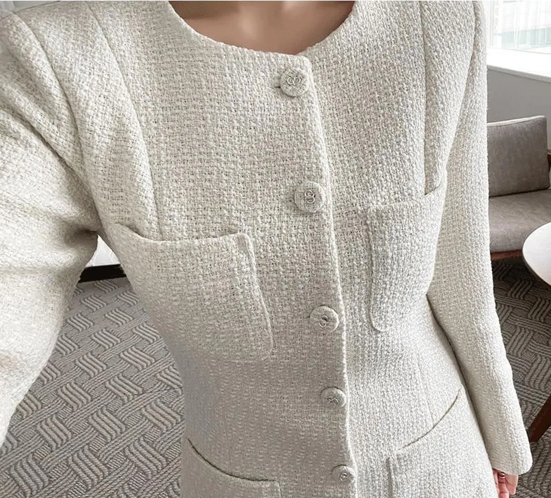 CHARTOU Women Tweed Dress Long Sleeve Single Breast Elegant Lady Long Tweed Blazer Dress