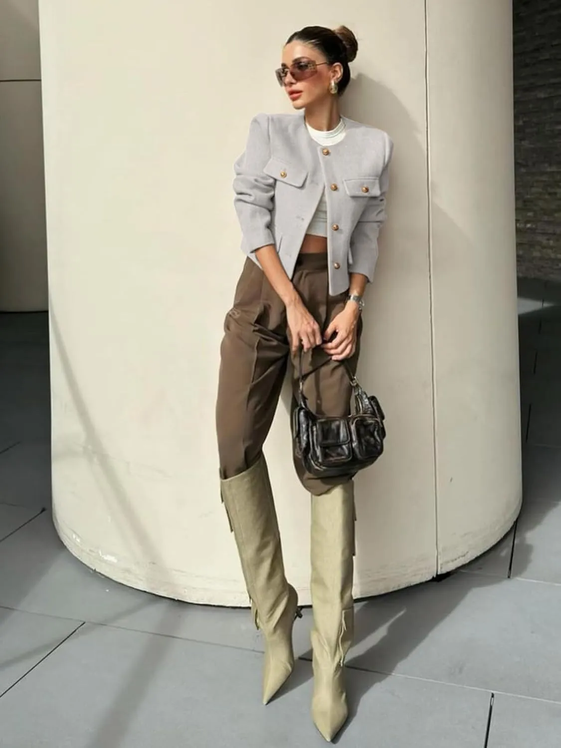 Cicy Bell Womens Cropped Tweed Blazer Jackets Collarless Button Down Business Casual Outfits with Pockets