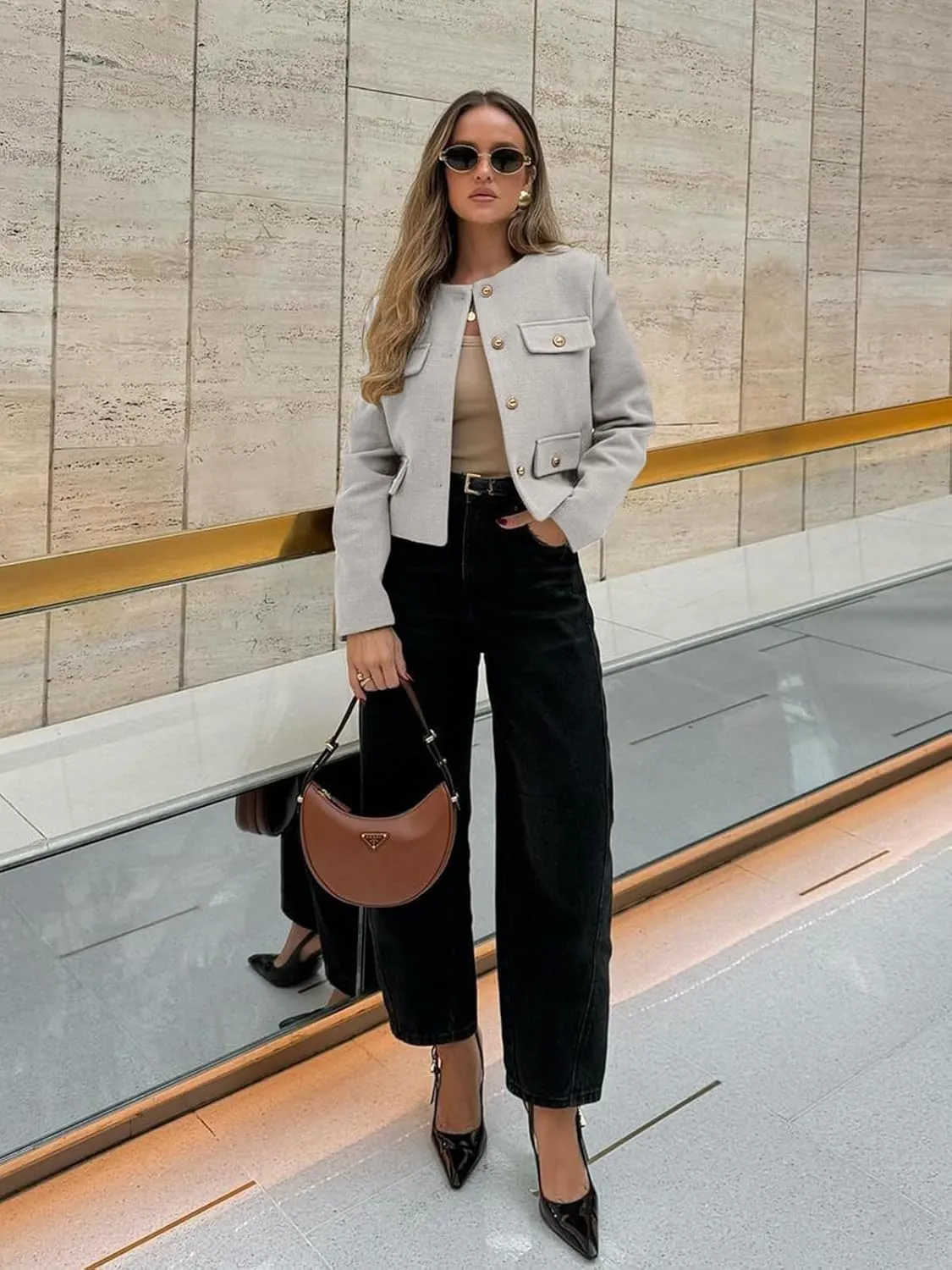 Cicy Bell Womens Cropped Tweed Blazer Jackets Collarless Button Down Business Casual Outfits with Pockets