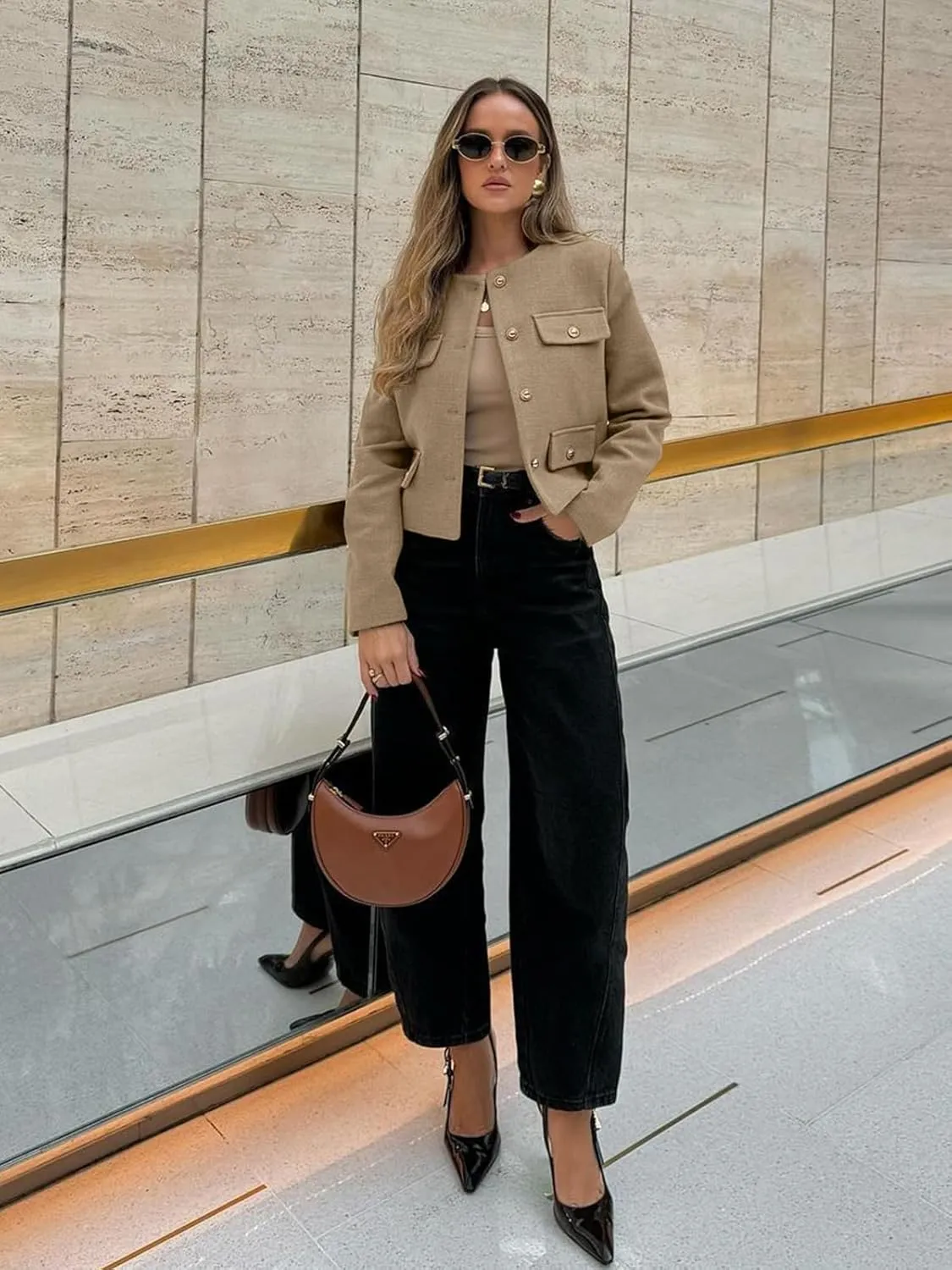 Cicy Bell Womens Cropped Tweed Blazer Jackets Collarless Button Down Business Casual Outfits with Pockets