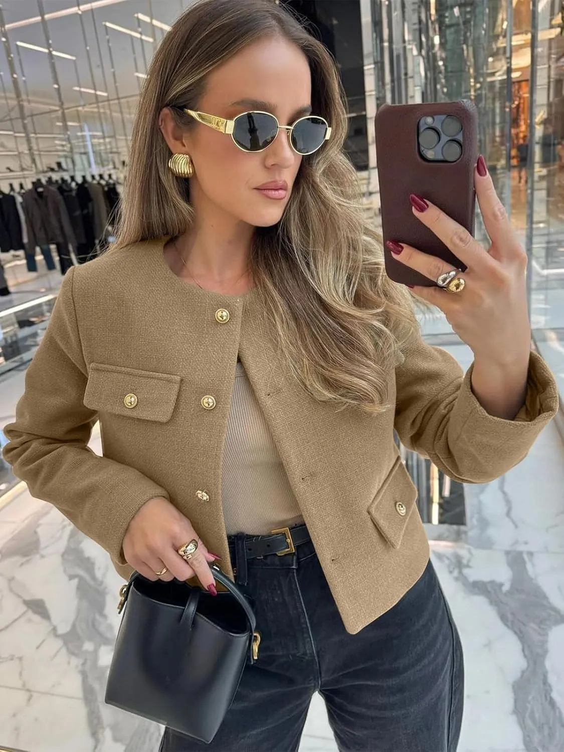 Cicy Bell Womens Cropped Tweed Blazer Jackets Collarless Button Down Business Casual Outfits with Pockets