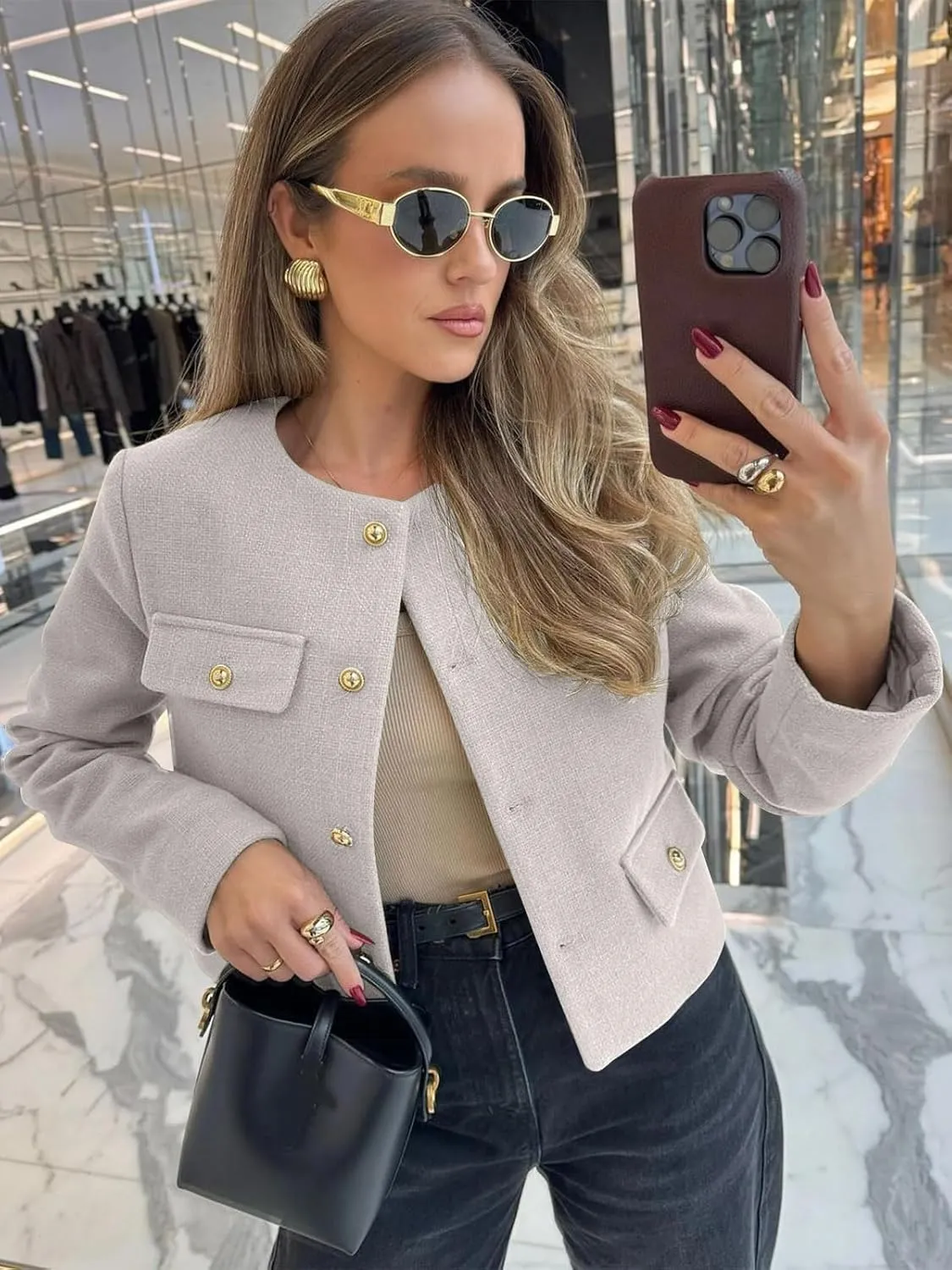 Cicy Bell Womens Cropped Tweed Blazer Jackets Collarless Button Down Business Casual Outfits with Pockets