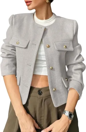 Cicy Bell Womens Cropped Tweed Blazer Jackets Collarless Button Down Business Casual Outfits with Pockets