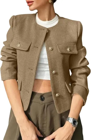 Cicy Bell Womens Cropped Tweed Blazer Jackets Collarless Button Down Business Casual Outfits with Pockets
