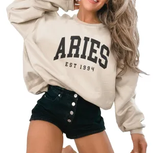 Custom Year Aries Birthday Sweatshirt - Zodiac Star Sign Astrology Sweater For Women - Vintage Varsity Aesthetic Style - Unisex Graphic Crewneck Sweatshirt