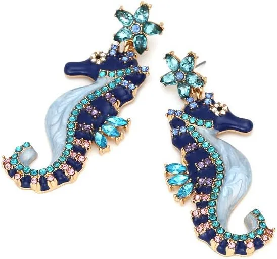 Dainty Seahorse Dangle Earrings Navy Blue Cubic Zirconia Stars and Seahorse Earrings Beach & Ocean Creative Fish Earrings Hypoallergenic Boho Drop Earrings For Women