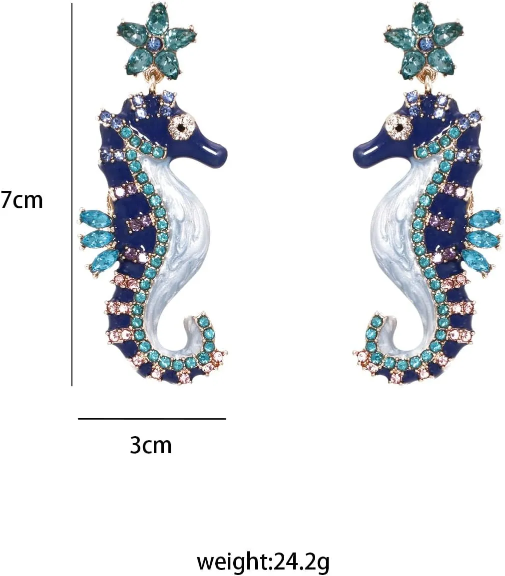 Dainty Seahorse Dangle Earrings Navy Blue Cubic Zirconia Stars and Seahorse Earrings Beach & Ocean Creative Fish Earrings Hypoallergenic Boho Drop Earrings For Women