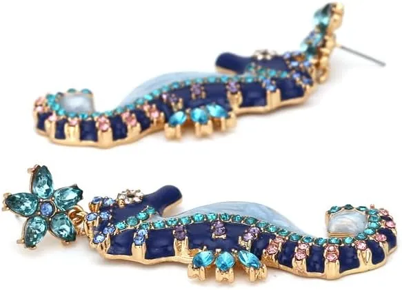 Dainty Seahorse Dangle Earrings Navy Blue Cubic Zirconia Stars and Seahorse Earrings Beach & Ocean Creative Fish Earrings Hypoallergenic Boho Drop Earrings For Women