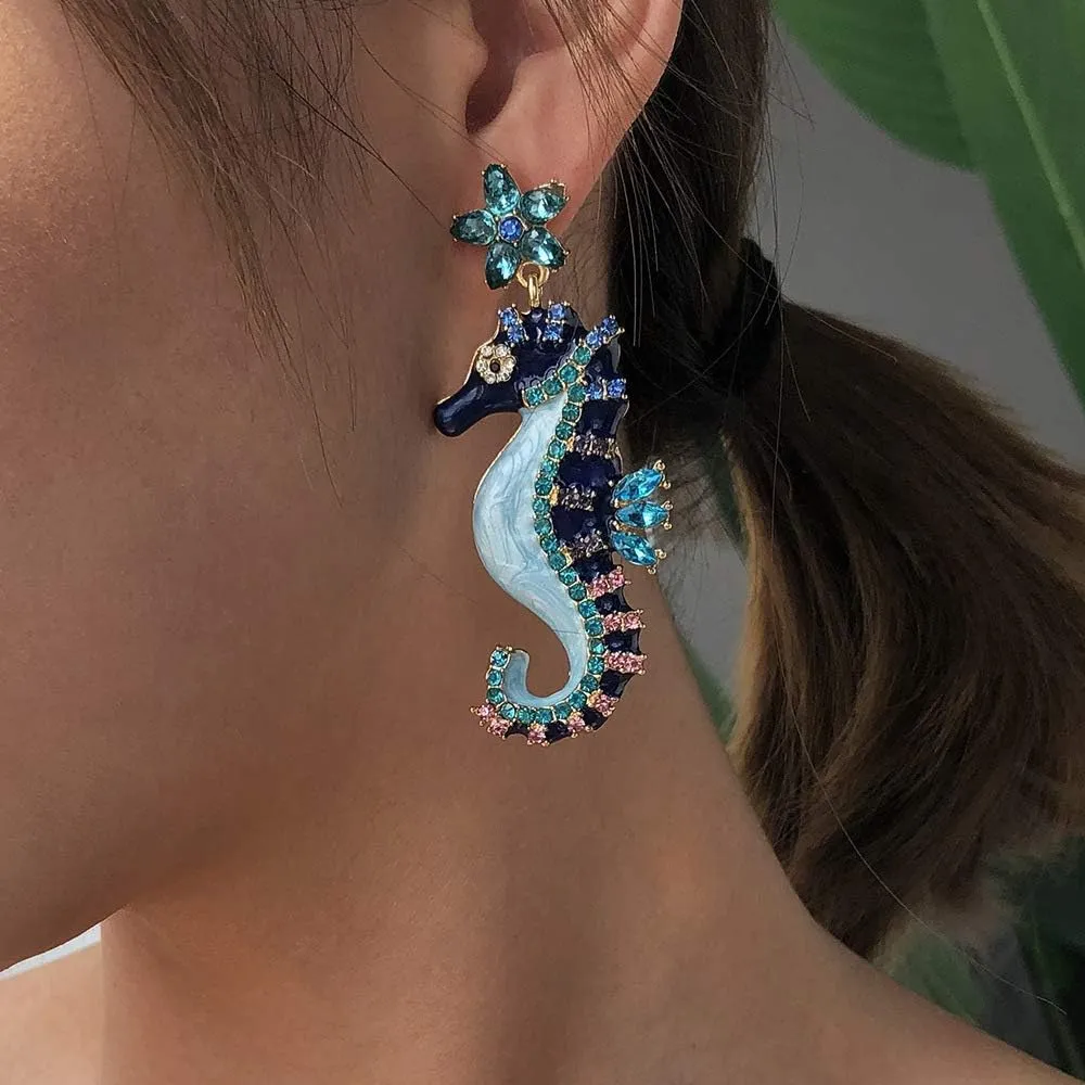 Dainty Seahorse Dangle Earrings Navy Blue Cubic Zirconia Stars and Seahorse Earrings Beach & Ocean Creative Fish Earrings Hypoallergenic Boho Drop Earrings For Women