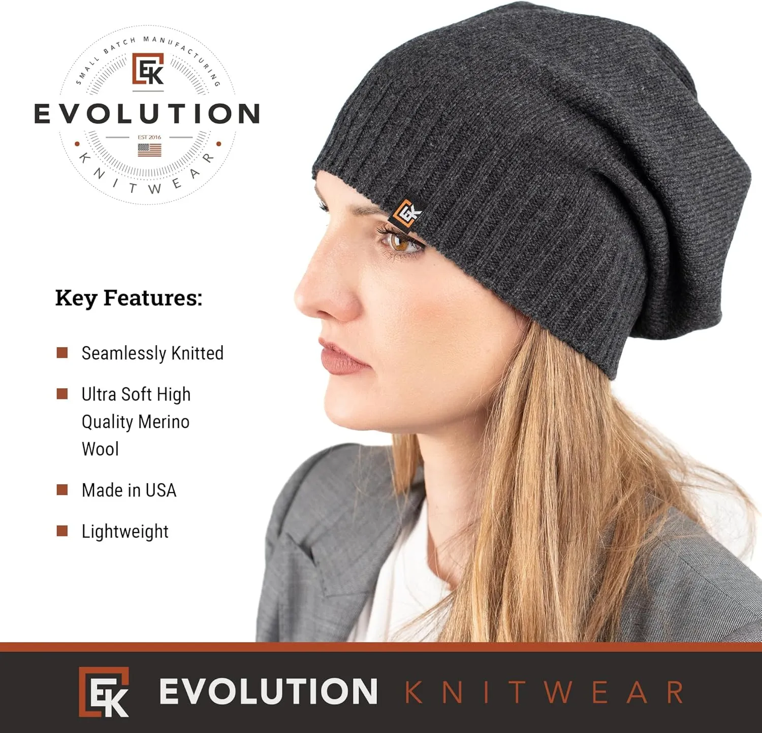 Evolution Knitwear Wool Slouchy Knit Beanie Hat for Men or Women - Super Soft Merino Wool - Made in The USA