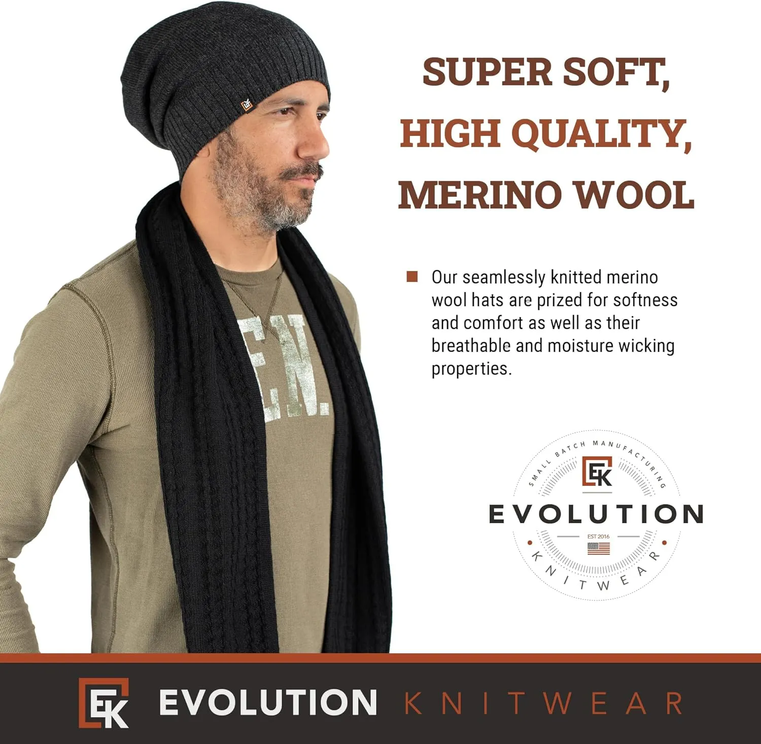 Evolution Knitwear Wool Slouchy Knit Beanie Hat for Men or Women - Super Soft Merino Wool - Made in The USA