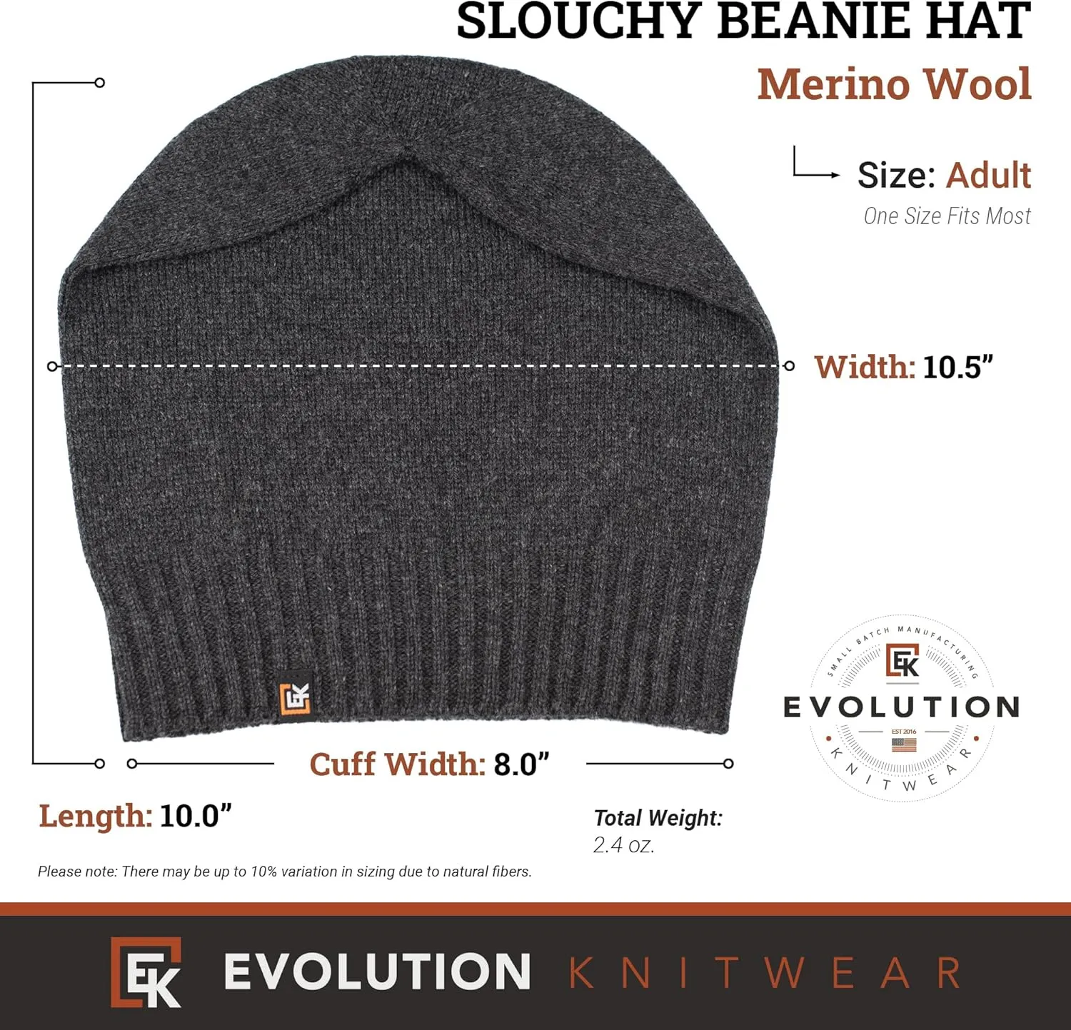 Evolution Knitwear Wool Slouchy Knit Beanie Hat for Men or Women - Super Soft Merino Wool - Made in The USA