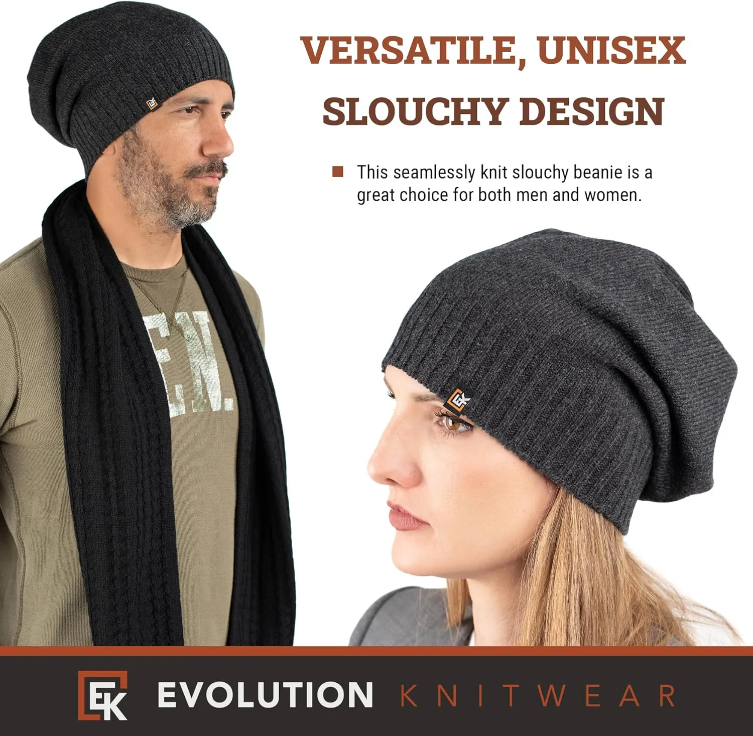 Evolution Knitwear Wool Slouchy Knit Beanie Hat for Men or Women - Super Soft Merino Wool - Made in The USA