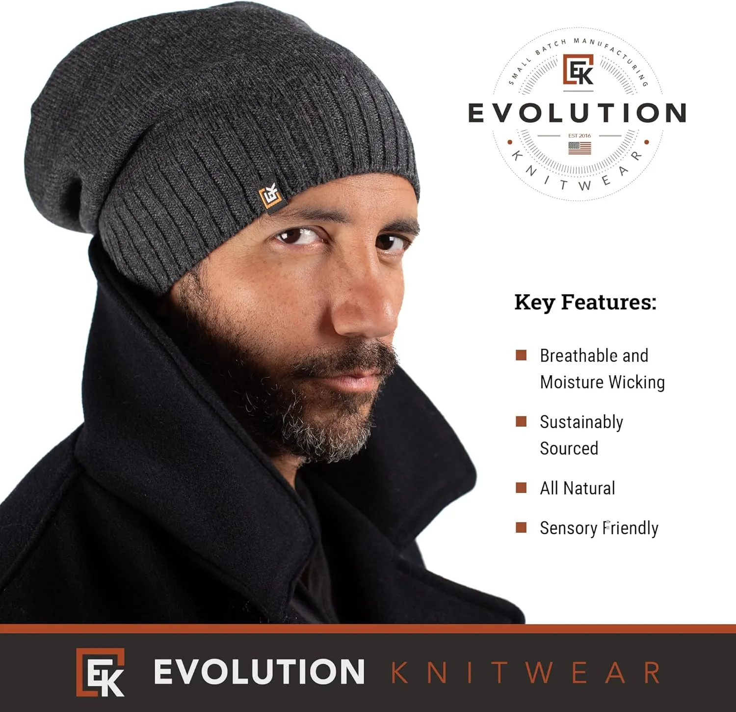 Evolution Knitwear Wool Slouchy Knit Beanie Hat for Men or Women - Super Soft Merino Wool - Made in The USA