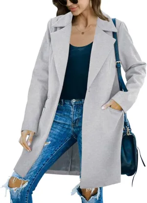 Fazortev Womens Long Sleeve Wool Blend Pea Coat Lapel Notched Collar Warm Midi Casual Jacket Overcoat