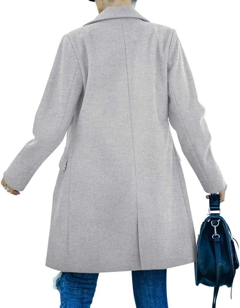 Fazortev Womens Long Sleeve Wool Blend Pea Coat Lapel Notched Collar Warm Midi Casual Jacket Overcoat
