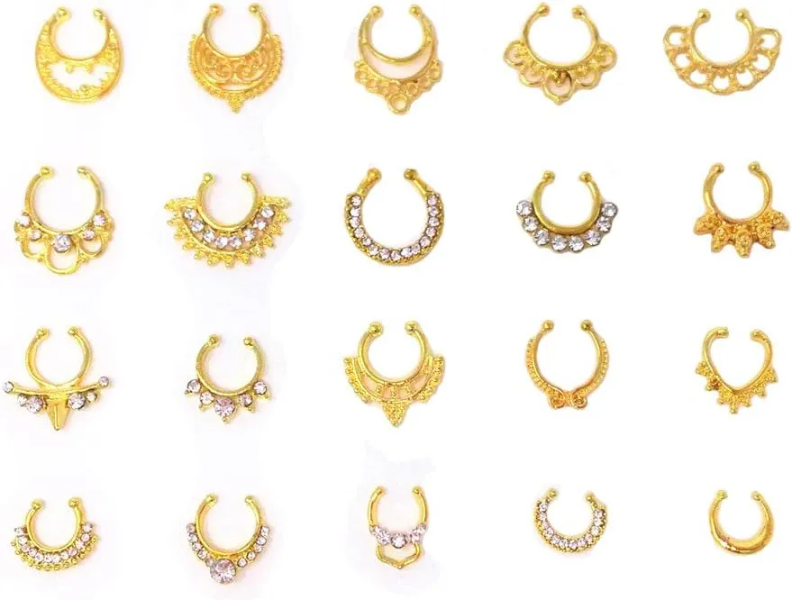 Honbay 20pcs Fake Septum Clicker Nose Ring Rhinestone Non Piercing Hanger Clip Body Jewelry (Gold)