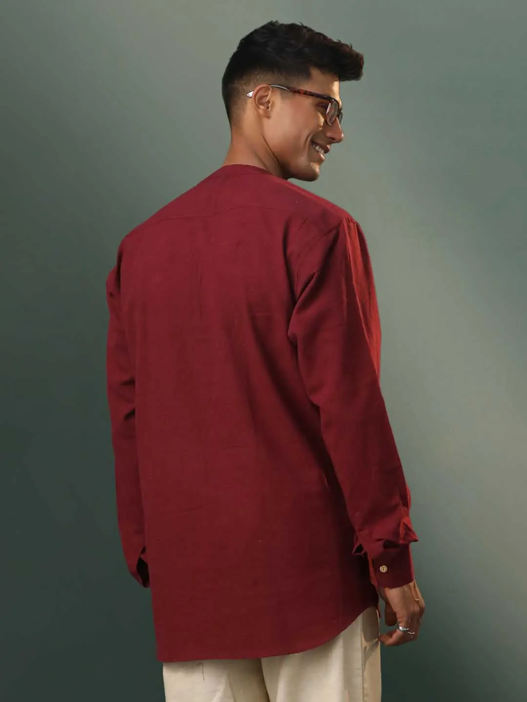 Jashvi Men's Maroon Cotton Cool Short Kurta