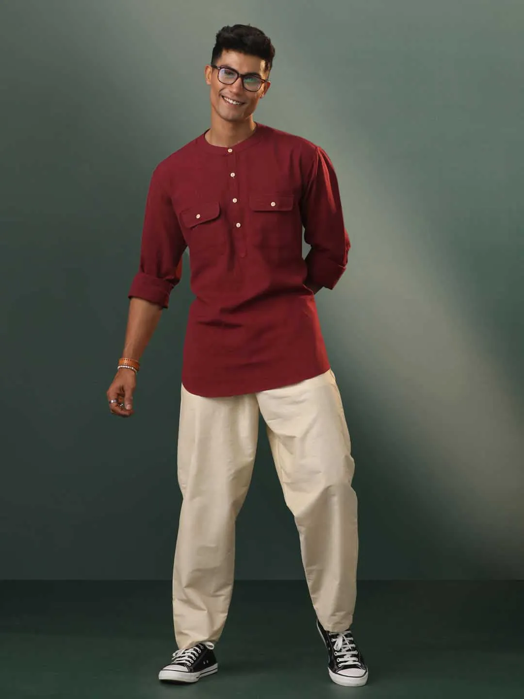 Jashvi Men's Maroon Cotton Cool Short Kurta