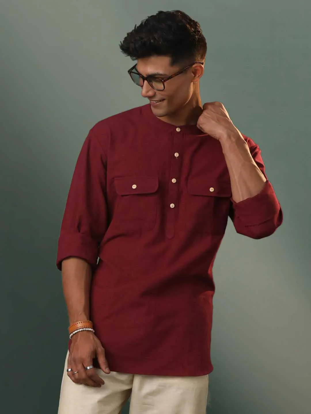 Jashvi Men's Maroon Cotton Cool Short Kurta