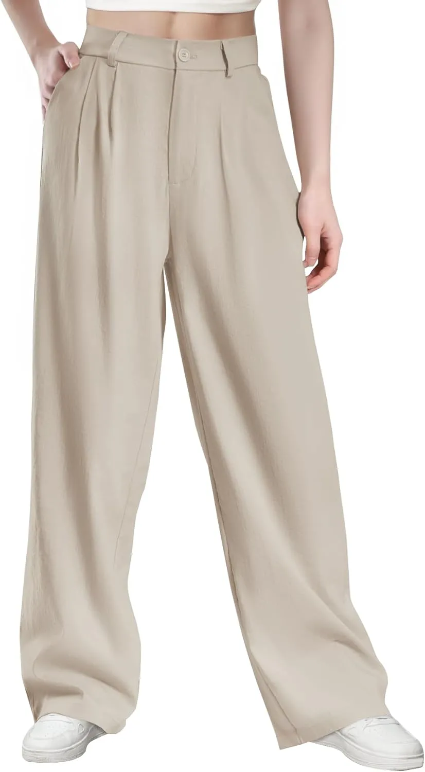 keriffe Women's Linen Wide Leg Palazzo Pants Loose Fit Casual Pants with Pocekts High Waist Button Work Office Slacks