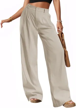 keriffe Women's Linen Wide Leg Palazzo Pants Loose Fit Casual Pants with Pocekts High Waist Button Work Office Slacks