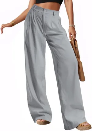 keriffe Women's Linen Wide Leg Palazzo Pants Loose Fit Casual Pants with Pocekts High Waist Button Work Office Slacks