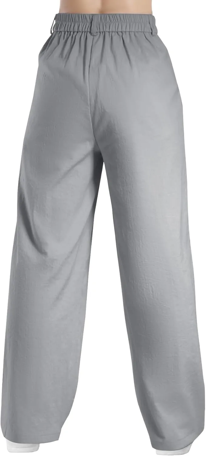 keriffe Women's Linen Wide Leg Palazzo Pants Loose Fit Casual Pants with Pocekts High Waist Button Work Office Slacks