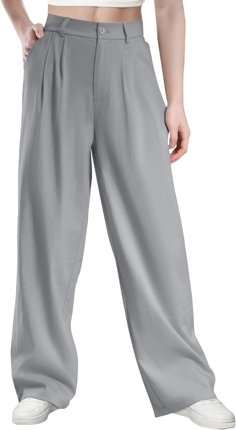 keriffe Women's Linen Wide Leg Palazzo Pants Loose Fit Casual Pants with Pocekts High Waist Button Work Office Slacks