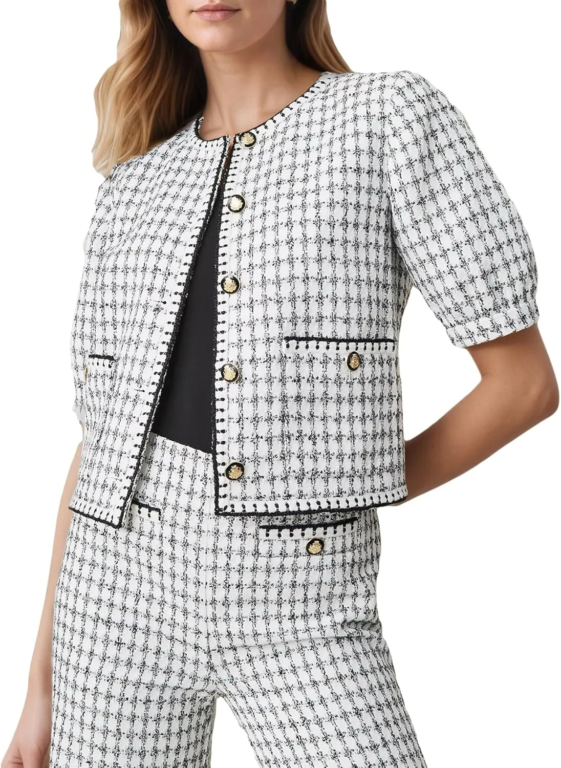 Ladyful Summer Cropped Tweed Jacket for Women Puff Short Sleeve Lightweight Tweed Blazer Button Down Work Cardigan Coat