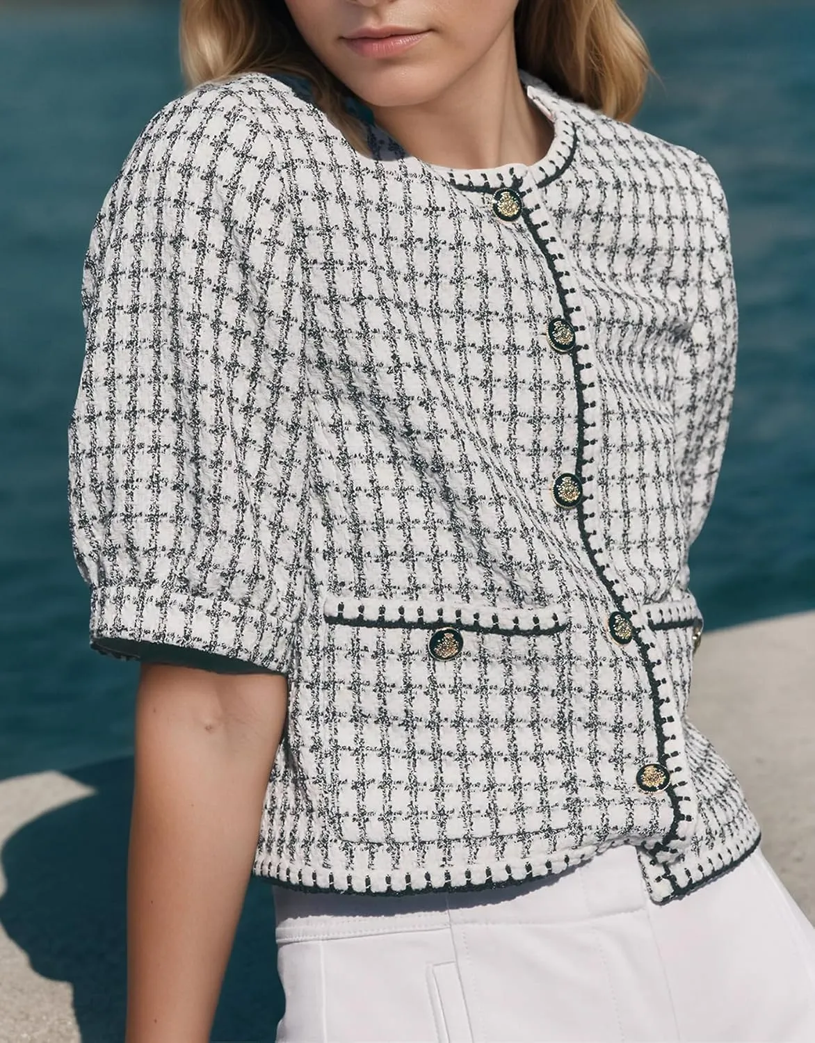 Ladyful Summer Cropped Tweed Jacket for Women Puff Short Sleeve Lightweight Tweed Blazer Button Down Work Cardigan Coat