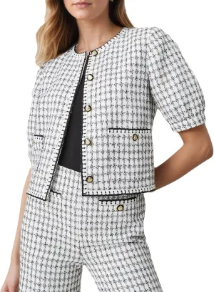 Ladyful Summer Cropped Tweed Jacket for Women Puff Short Sleeve Lightweight Tweed Blazer Button Down Work Cardigan Coat