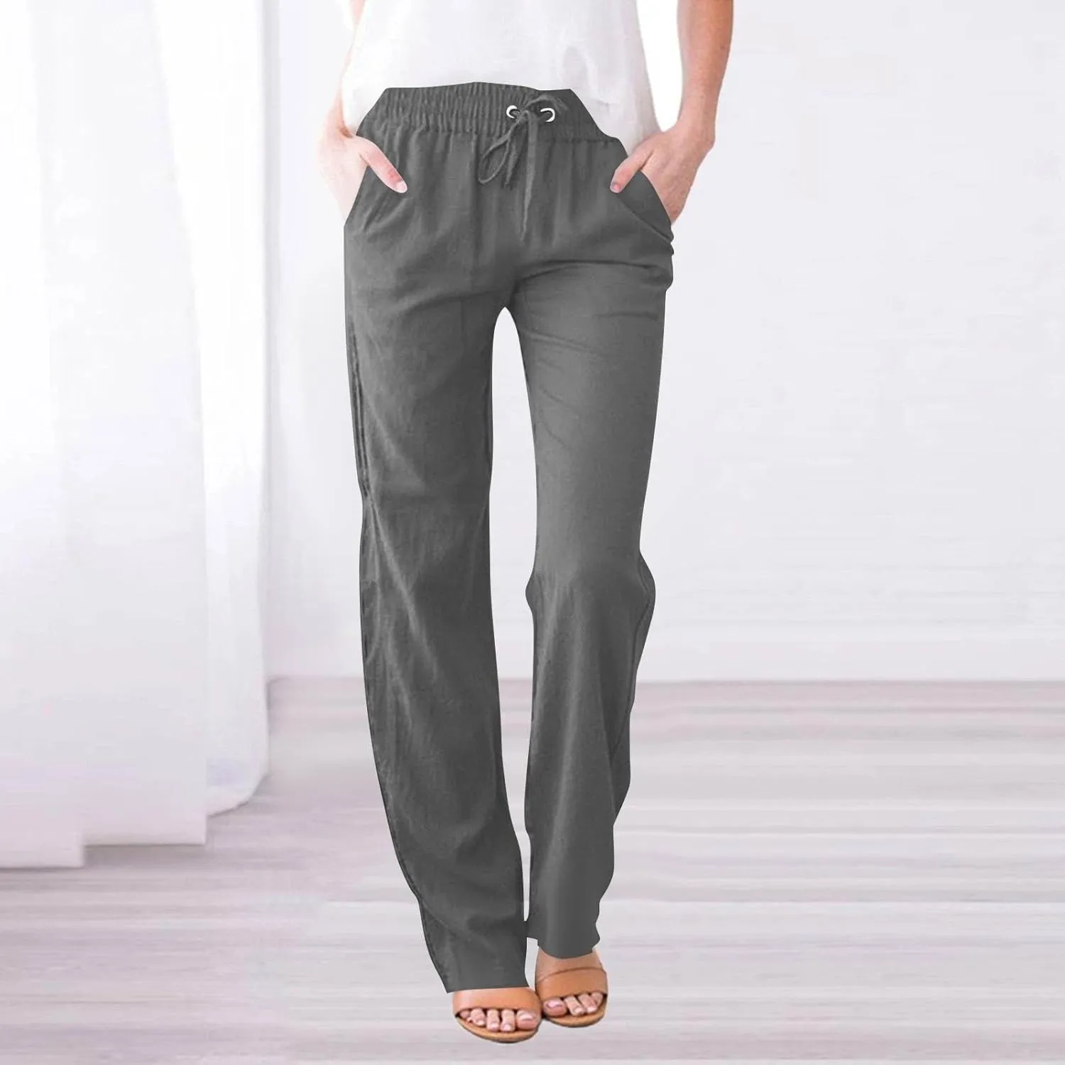 Linen Pants for Women High Waisted Loose Straight Leg Trousers Casual Summer Dress Pants Lounge Trousers with Pockets