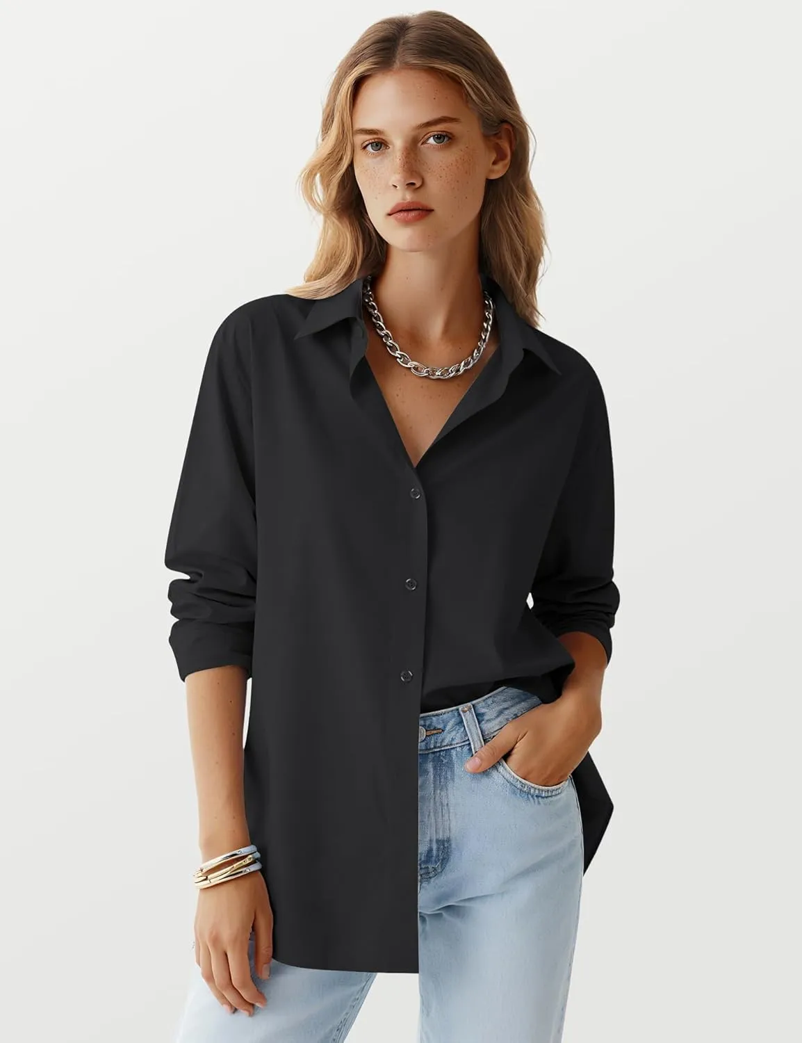 LOMON Button Down Shirt for Women Spring Summer Tops Long Sleeve Business Dressy Casual Blouses Collared Work Outfits Clothes