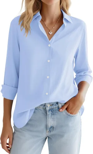 LOMON Button Down Shirt for Women Spring Summer Tops Long Sleeve Business Dressy Casual Blouses Collared Work Outfits Clothes