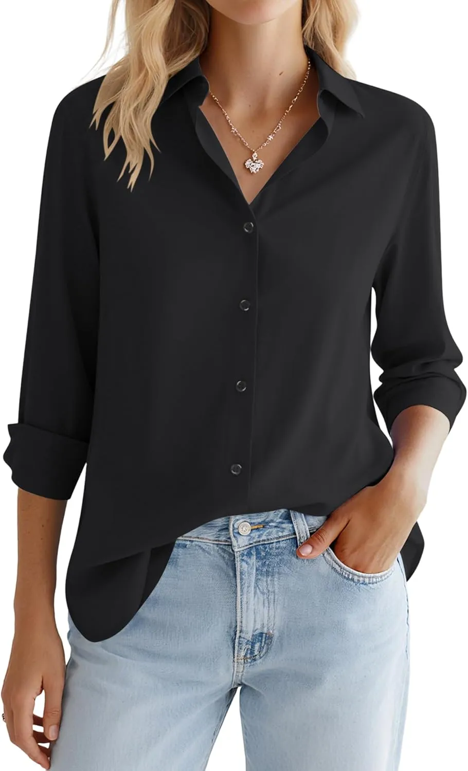 LOMON Button Down Shirt for Women Spring Summer Tops Long Sleeve Business Dressy Casual Blouses Collared Work Outfits Clothes