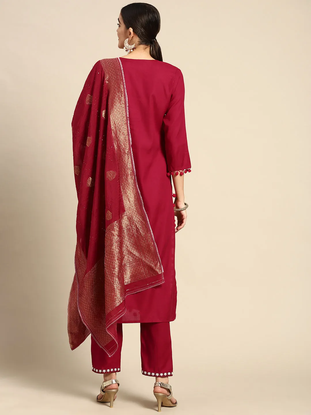 Maroon Rayon Embroidered Kurta Set & Dupatta