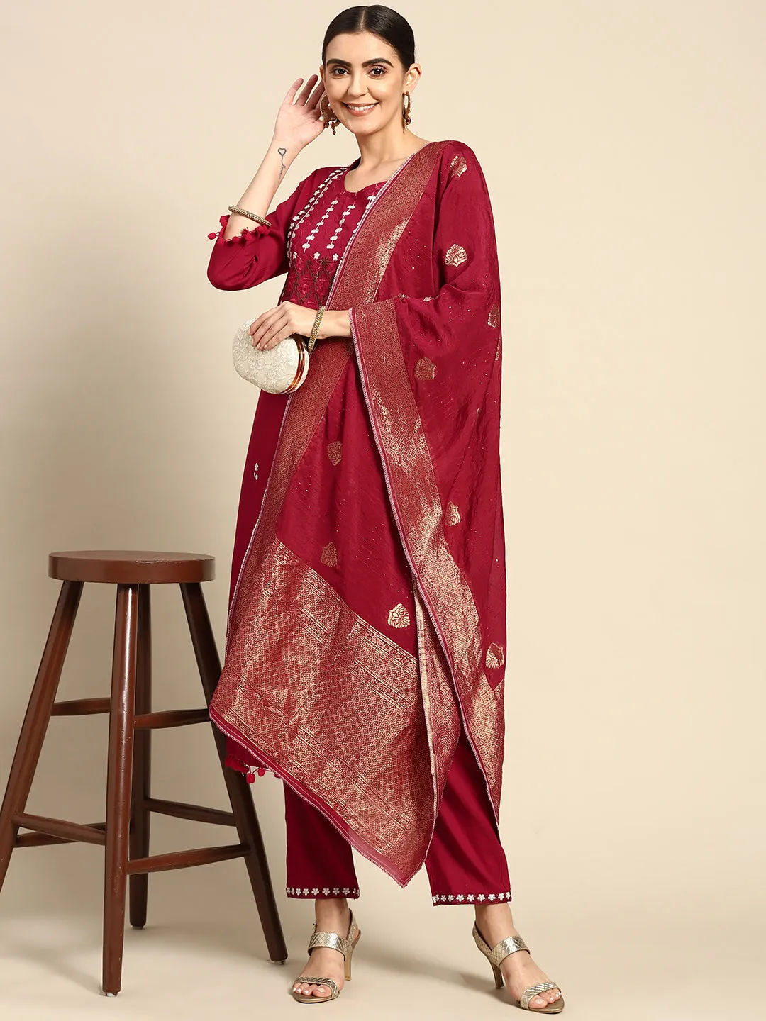 Maroon Rayon Embroidered Kurta Set & Dupatta