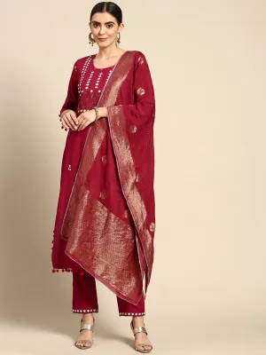 Maroon Rayon Embroidered Kurta Set & Dupatta