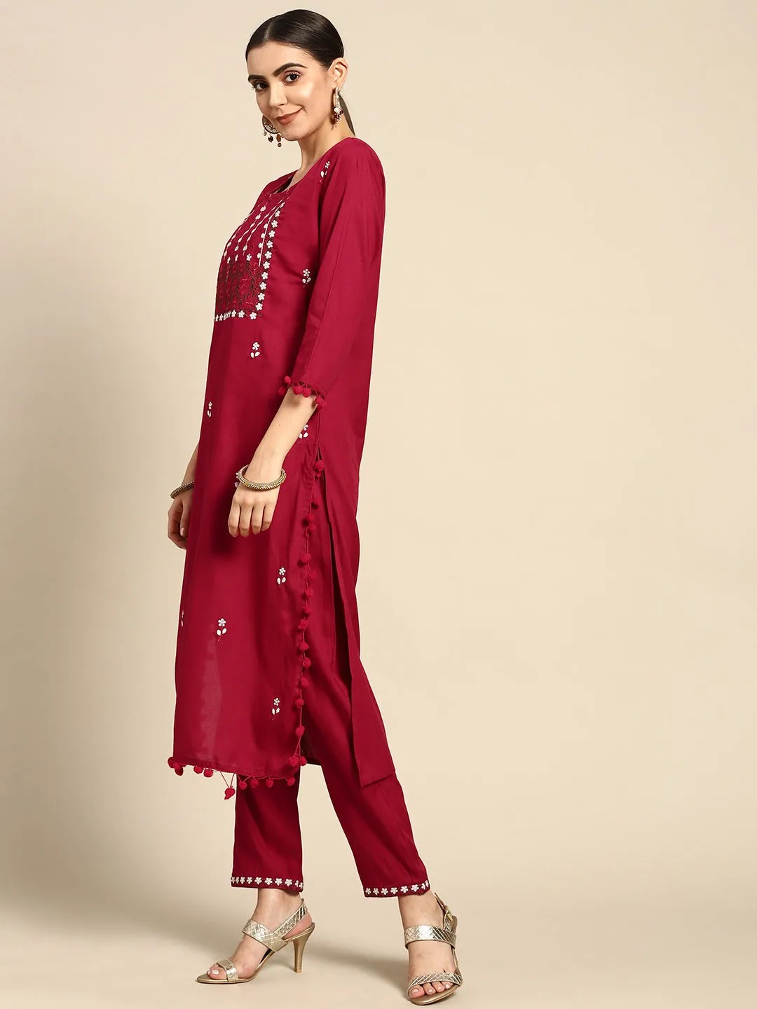Maroon Rayon Embroidered Kurta Set & Dupatta