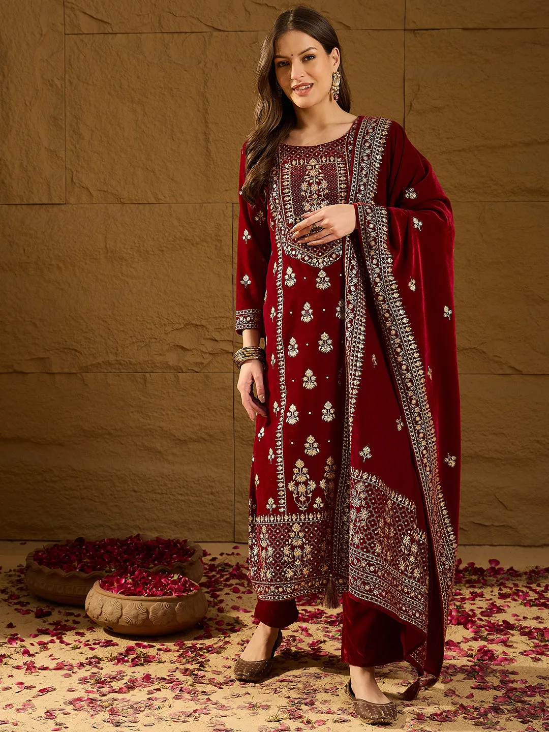 Maroon Velvet Ethnic Motifs Printed 3-Piece Suit Set
