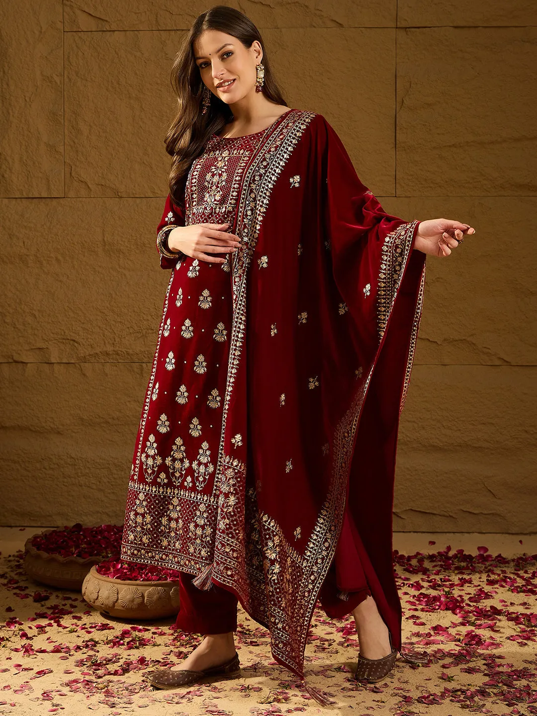 Maroon Velvet Ethnic Motifs Printed 3-Piece Suit Set