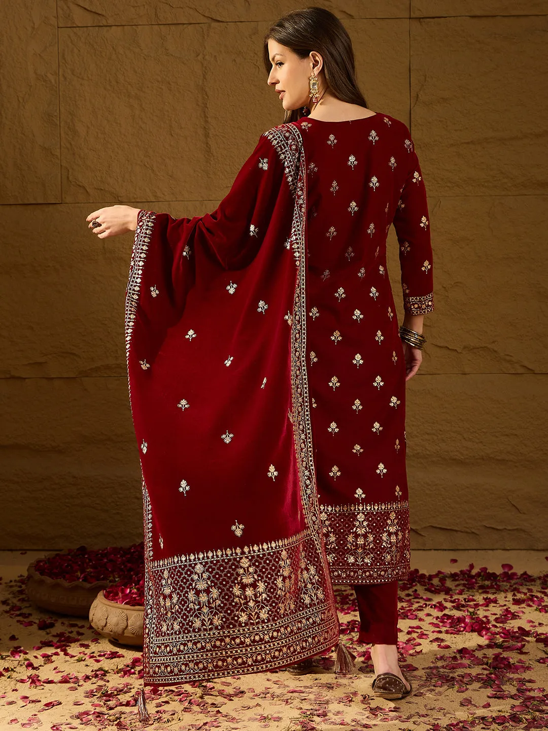 Maroon Velvet Ethnic Motifs Printed 3-Piece Suit Set