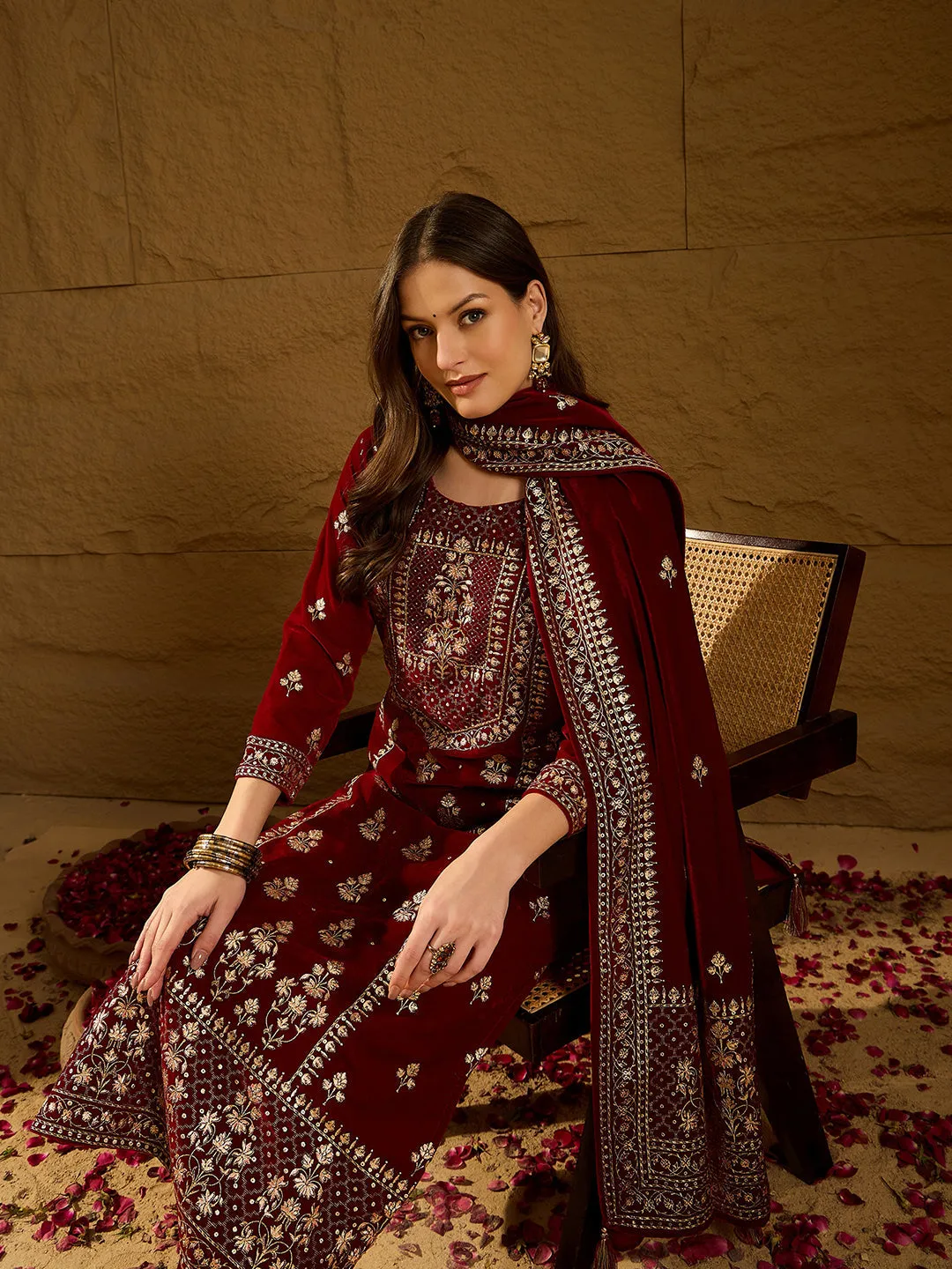 Maroon Velvet Ethnic Motifs Printed 3-Piece Suit Set