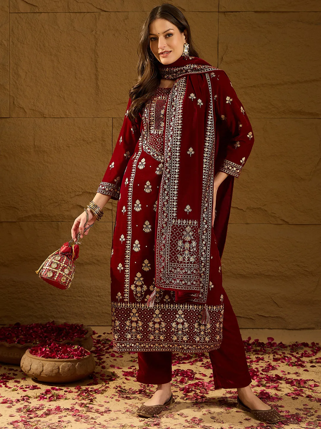 Maroon Velvet Ethnic Motifs Printed 3-Piece Suit Set